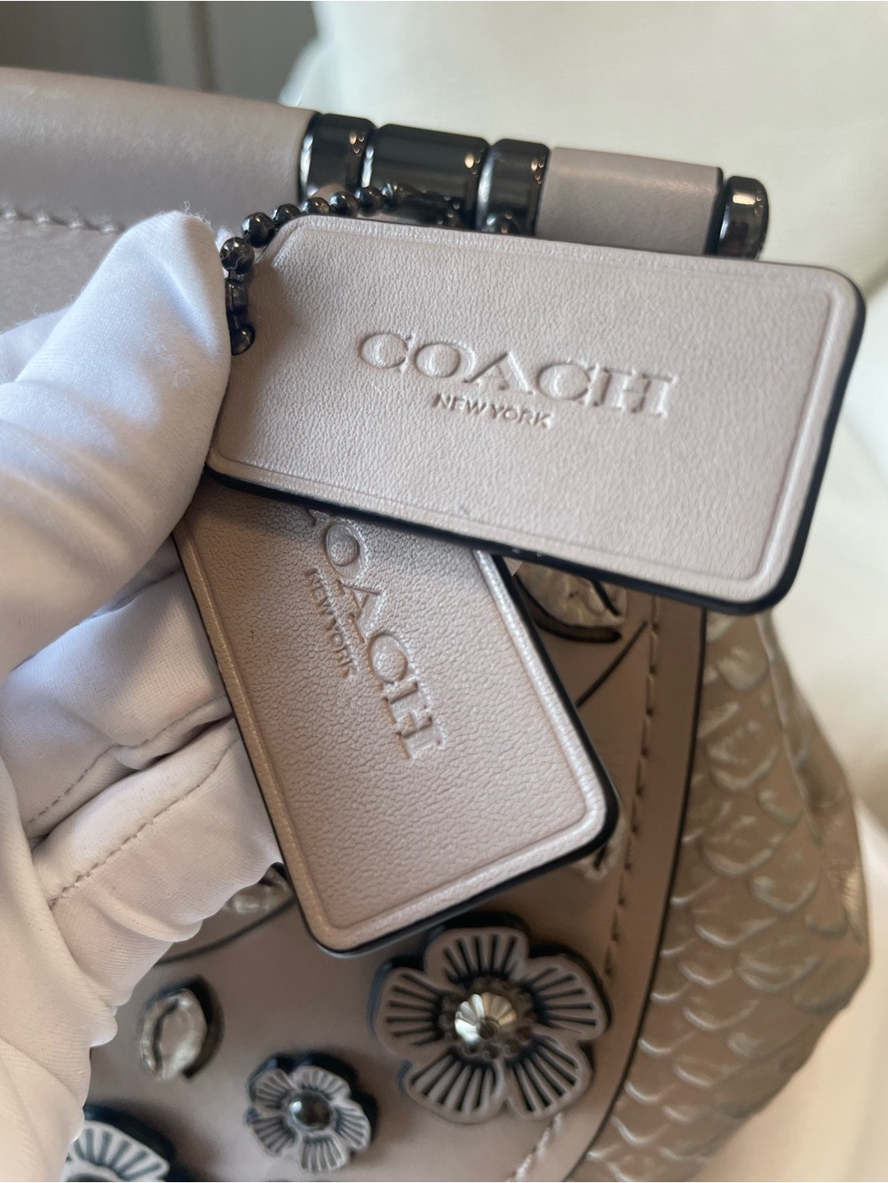 Coach Restored Drifter Tea Rose Beige Floral Appliqué Leather Bag snakeskin vers - Picture 4 of 15